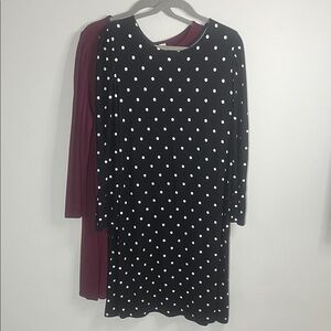 Black Polka Dot and Burgundy Long Sleeved Dress